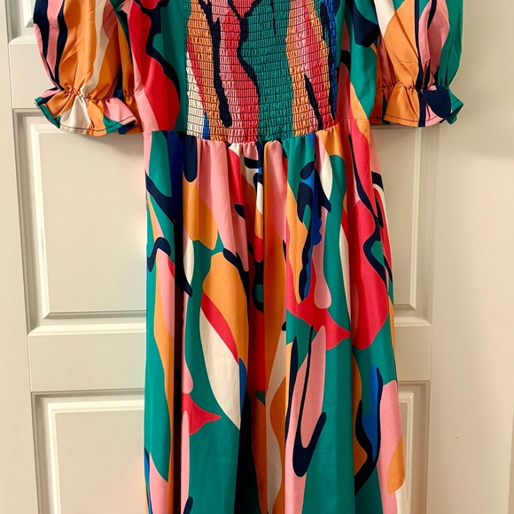 Colorful Abstract Print Fit-and-Flare Dress with Belt - Picture 3 of 3
